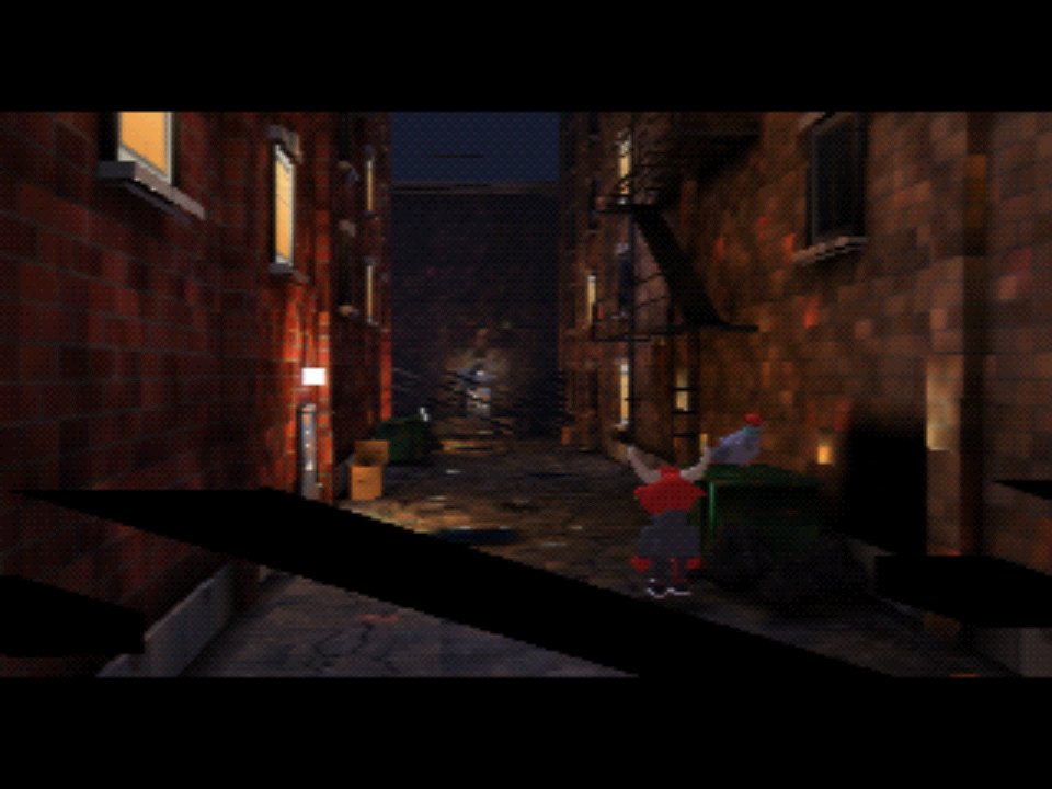 A dark alley at night lit by door lamps and windows
