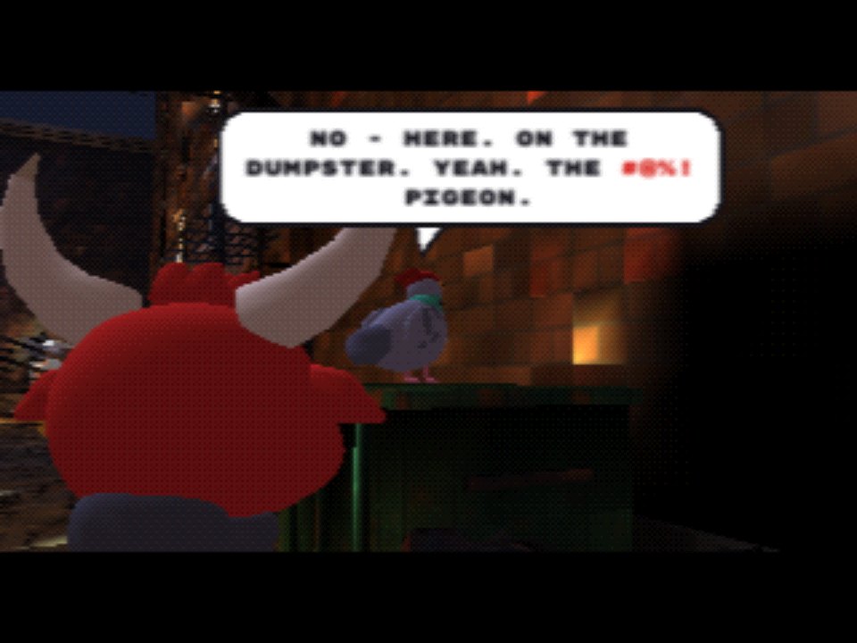 BAD BLOCK: Bully talking to Pidge the pigeon in a night alley, with a speech balloon