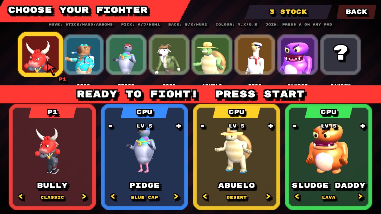 Character select with seven portraits and four player panels showing 3D fighters