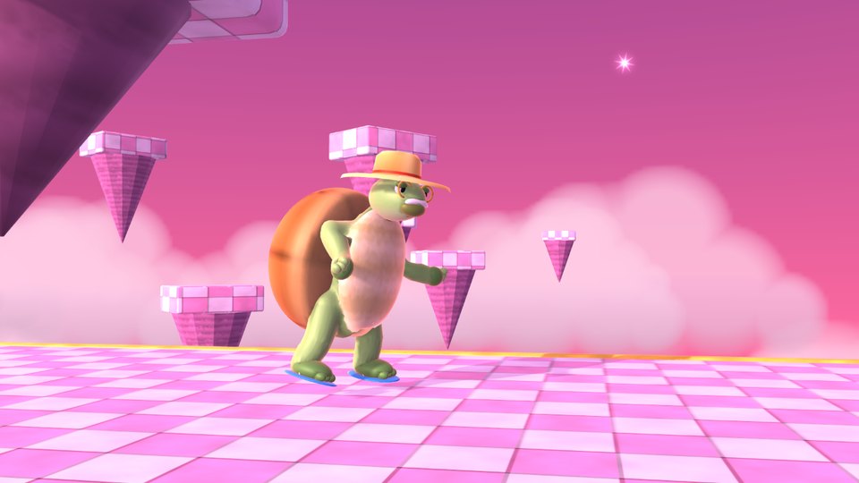 Abuelo the tortoise in a straw hat, spectacles and blue flip-flops