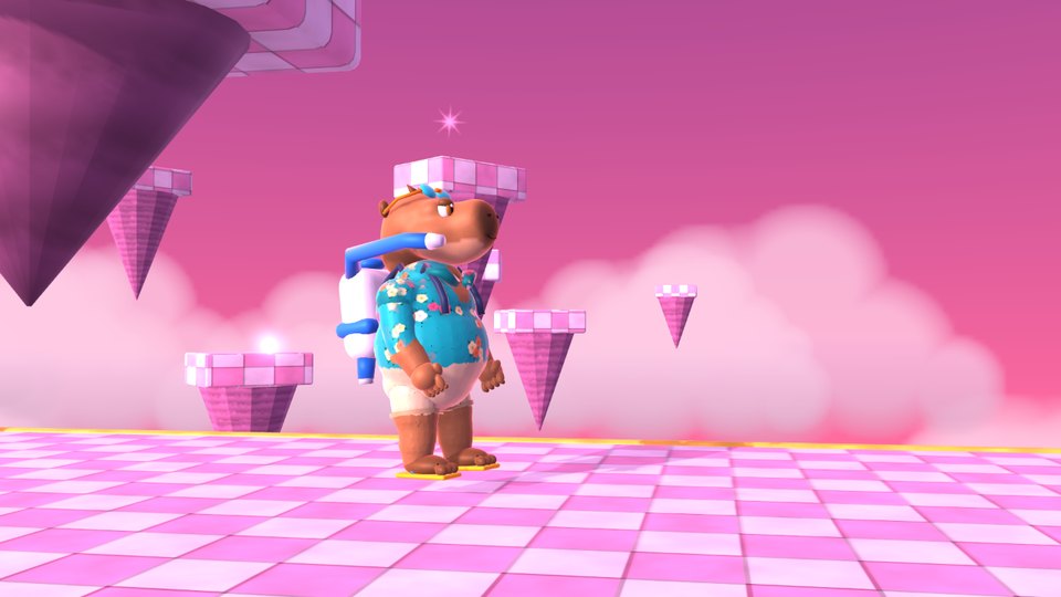 Coco the capybara in a teal hibiscus shirt with the H.O.S.E. water pack