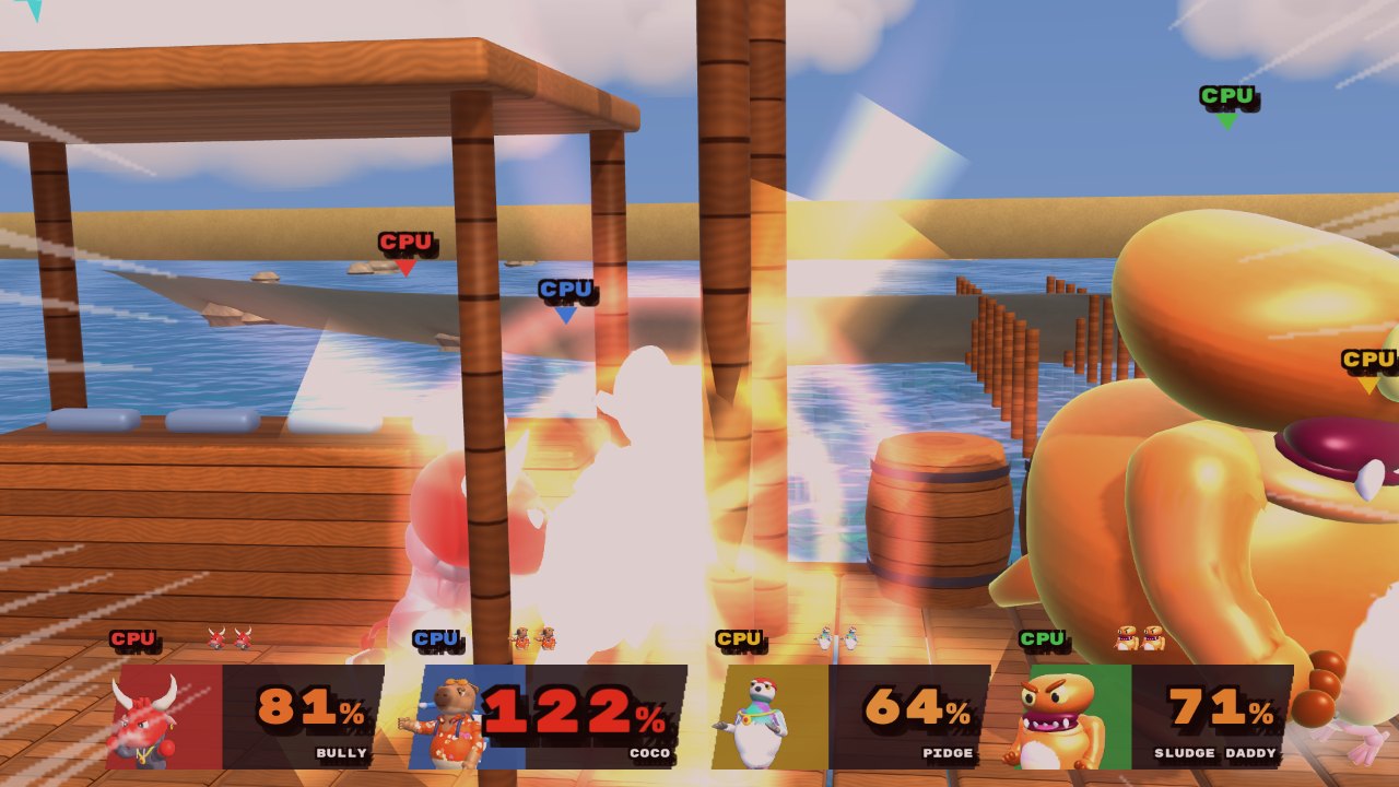 BLOCK BRAWL: a KO freeze on the fishing dock, the camera zoomed in on the hit with speed lines and the damage HUD