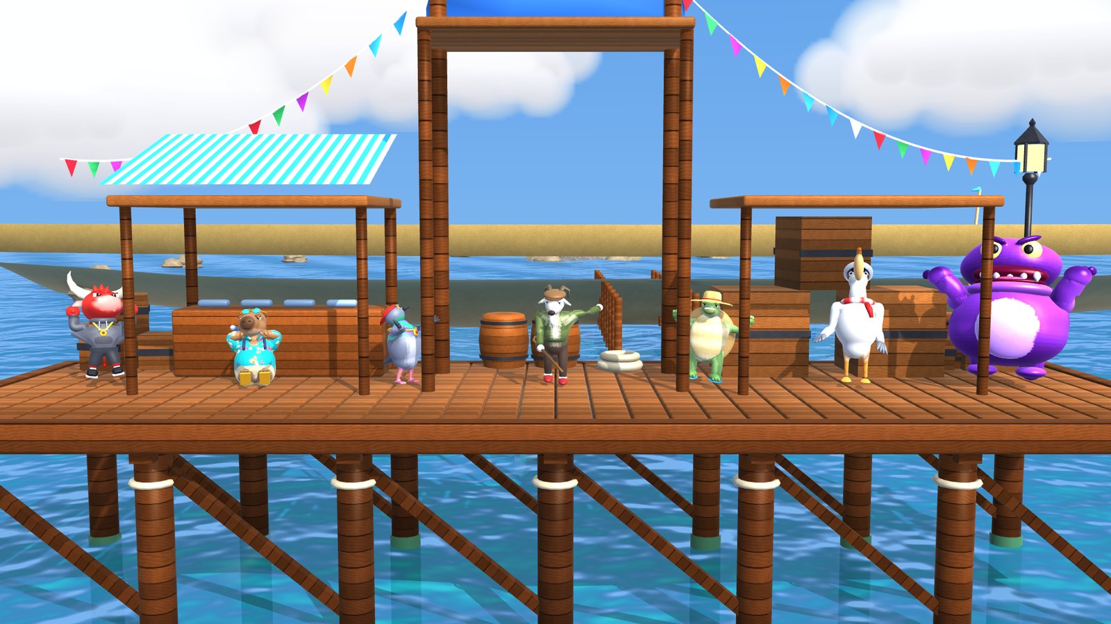 All seven fighters lined up on the pier: Bully, Coco, Pidge, Pops, Abuelo, Capitan Pico and Sludge Daddy
