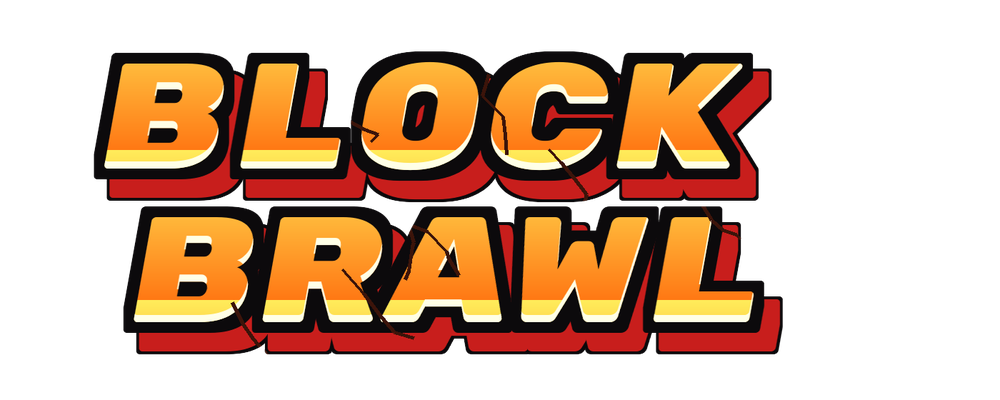 BLOCK BRAWL logo: chunky slanted yellow-orange letters with a red drop block