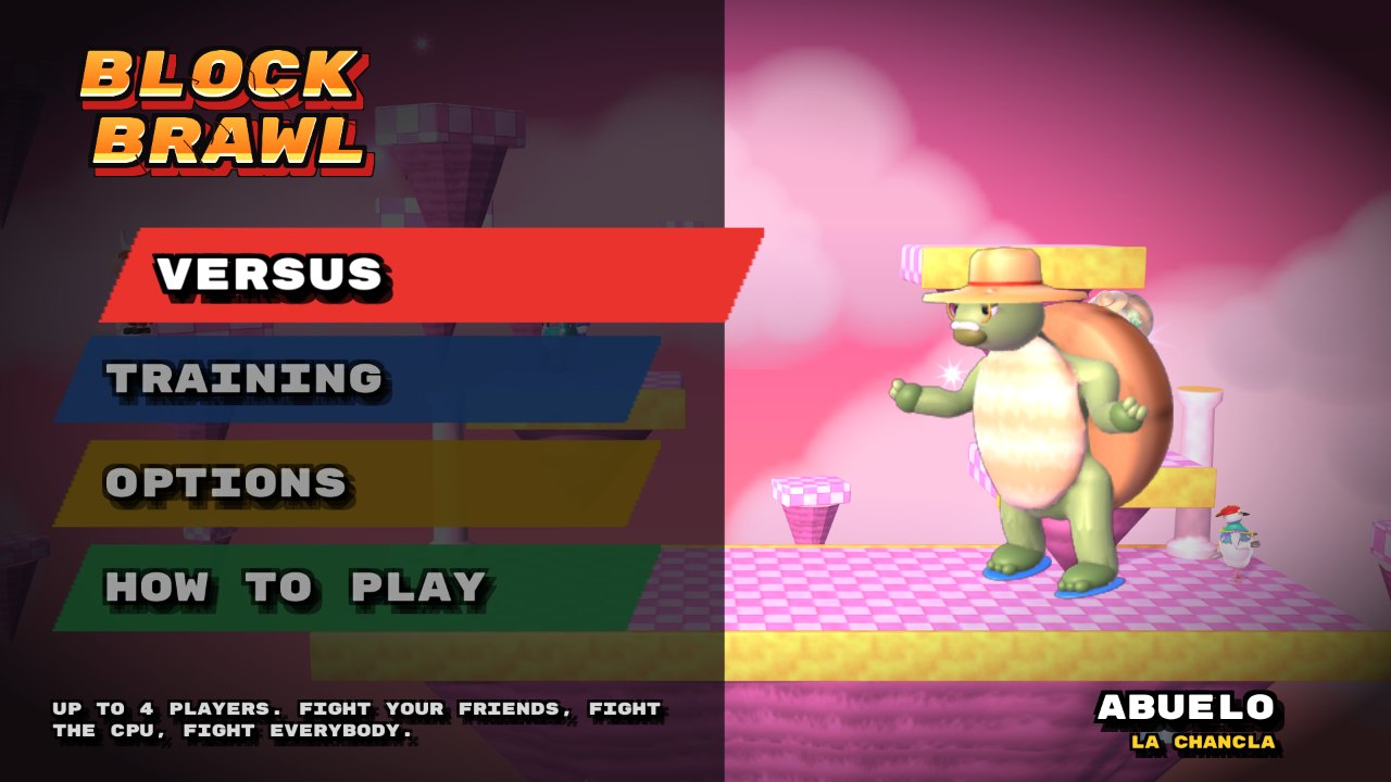 Main menu with slanted buttons and a fighter on the right
