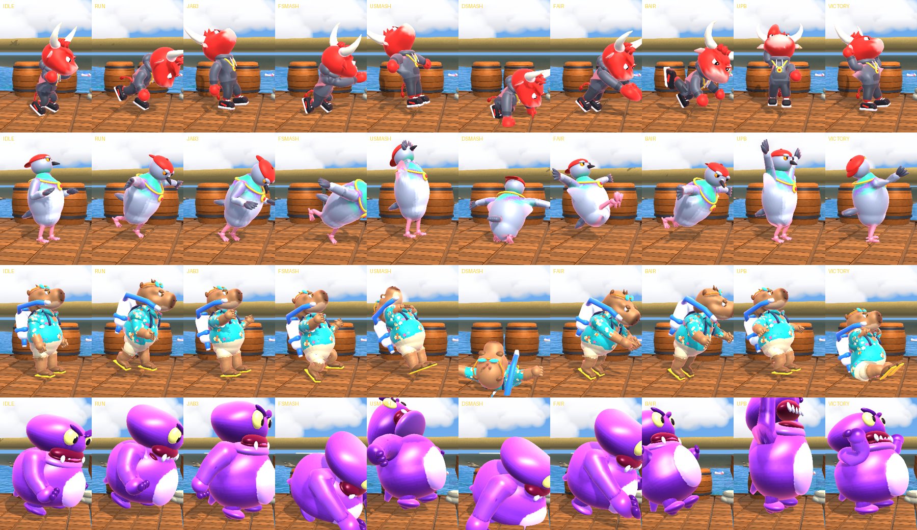 A sheet of Bully's and Pidge's poses: idle, run, jab, tilts, smash attacks, aerials and specials