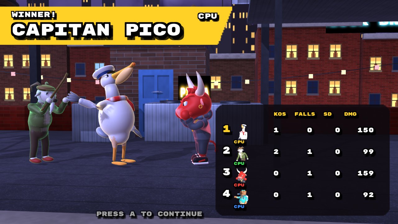 Results screen: the winner posing, the others clapping, a stats table