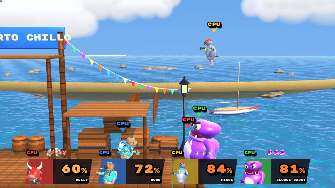 Four fighters on the Puerto Chillo fishing dock above a sparkling sea