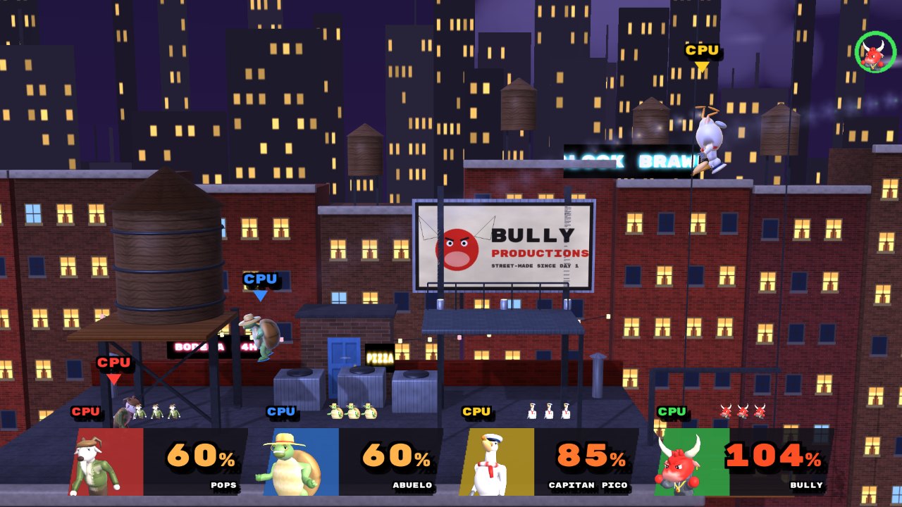 Fighters on a brownstone rooftop at night with a water tower and a BULLY PRODUCTIONS billboard
