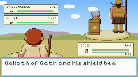 David faces Goliath and his shield bearer