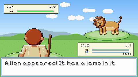 David faces a lion in a Pokémon-style battle