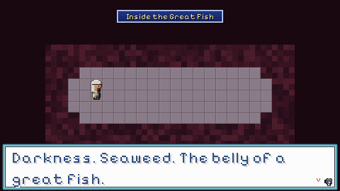 Inside the great fish, a dark red cavern