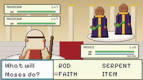 Battle against two magicians with the ROD, SERPENT, FAITH, ITEM menu