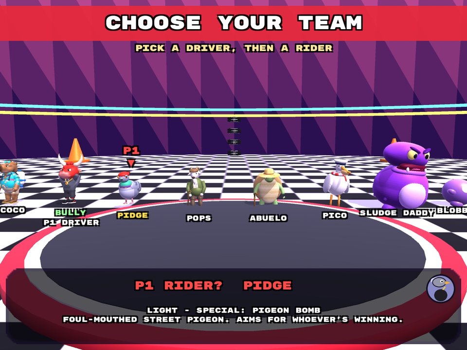 Character select: the whole roster lined up on a neon garage floor