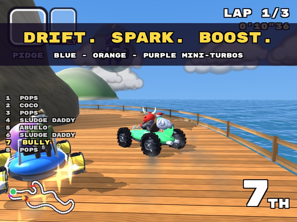 Karts racing over the wooden causeway on Isla Chillo, the lighthouse behind