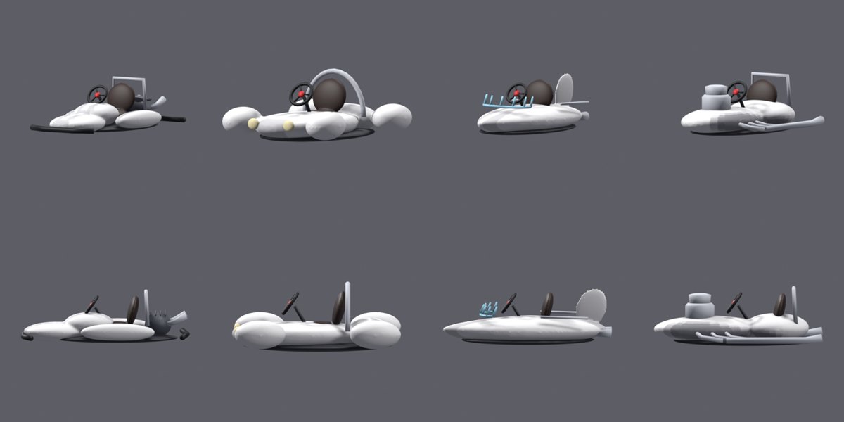 Four kart bodies: Zippy, Bubble Buggy, Surf Racer, Hot Rod