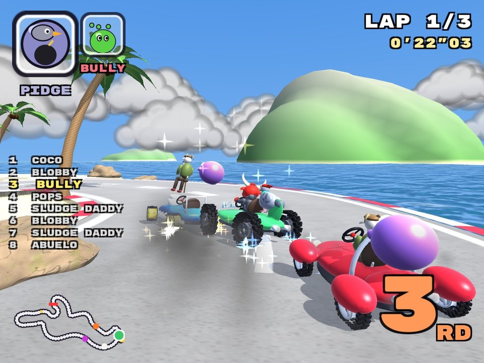 DOUBLE TROUBLE: karts racing on a pastel road floating above pink clouds