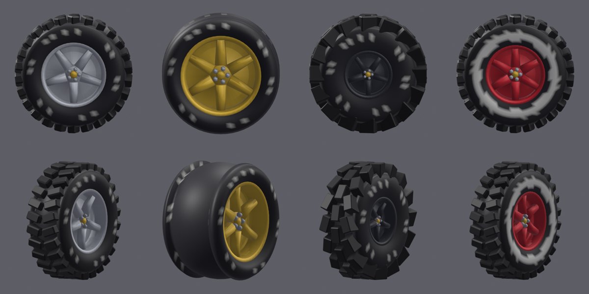 Four wheel sets: Standard, Slicks, Monster, Whitewalls
