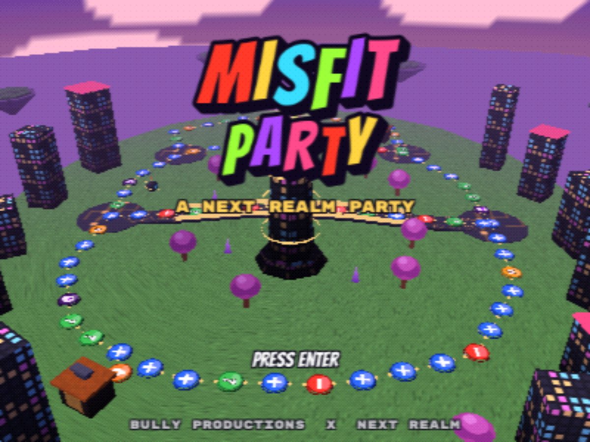 MISFIT PARTY title screen over a floating board-game city