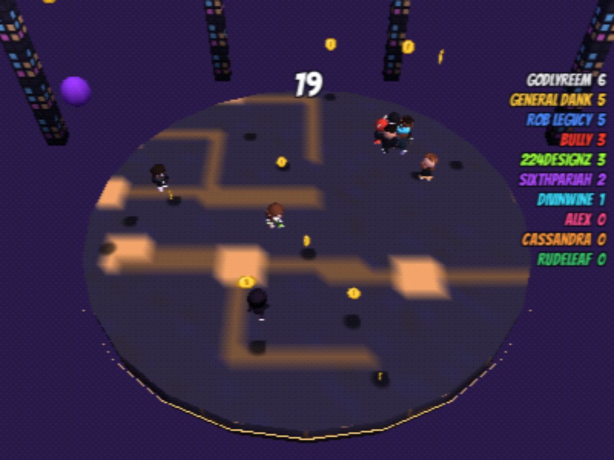Overhead view of ten operators on a round circuit-board arena collecting falling coins, with a live scoreboard on the right.