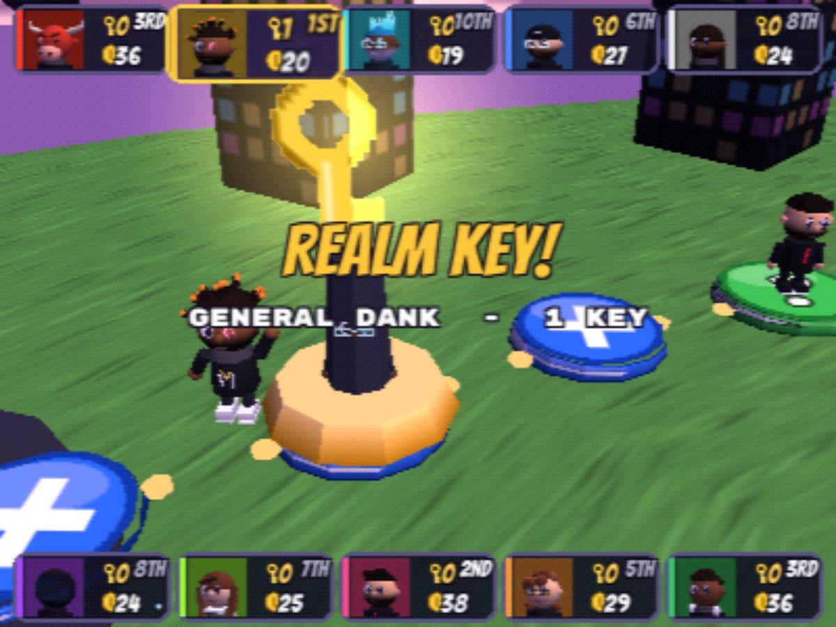 General Dank celebrates beside the Key Vault, a golden key floating above a pedestal. Banner reads REALM KEY!