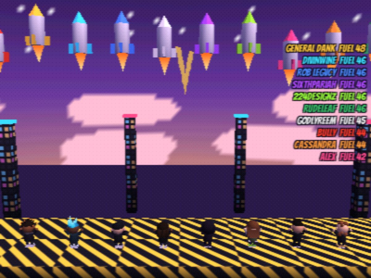 Deploy: ten colored rockets launch into a purple sky above the operators.