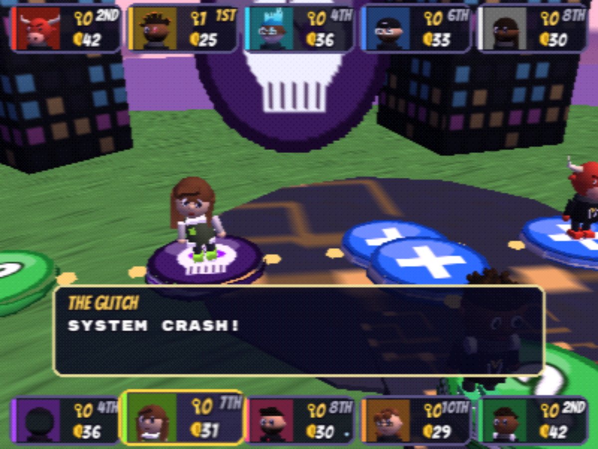 A giant skull face called The Glitch looms over 224Designz on a purple skull space, with a dialogue box reading SYSTEM CRASH!