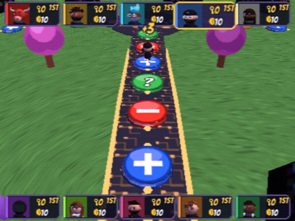 The same board frame with the N64 filter: lower resolution, dithered color, soft blur.