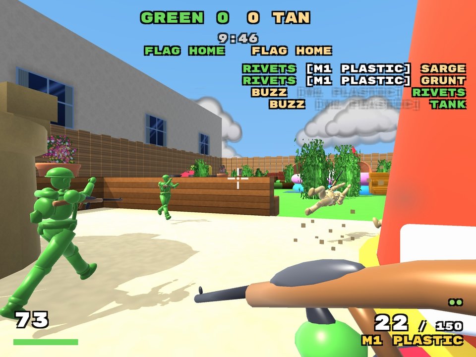 First-person view across a giant lawn with a kiddie pool and the garden hose