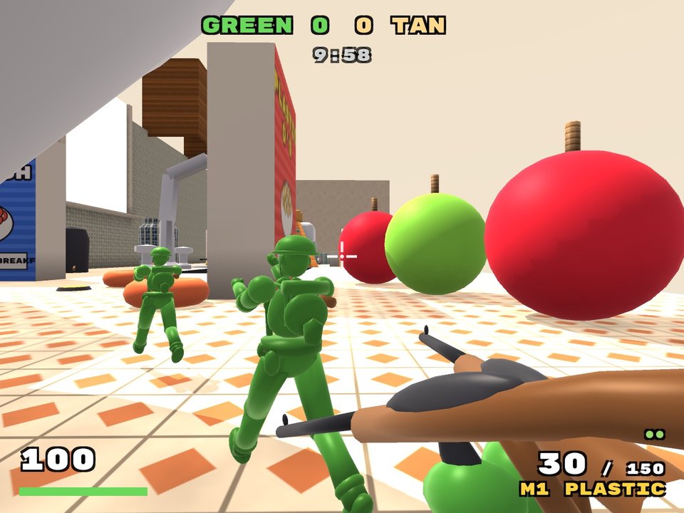 PLASTIC FRONT: green army men in a firefight on a giant kitchen counter, first-person view down a rifle