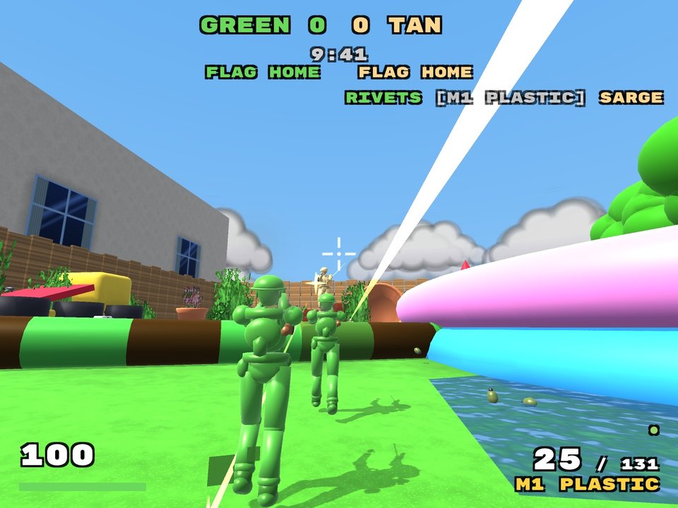 Over-the-shoulder view of a green army man