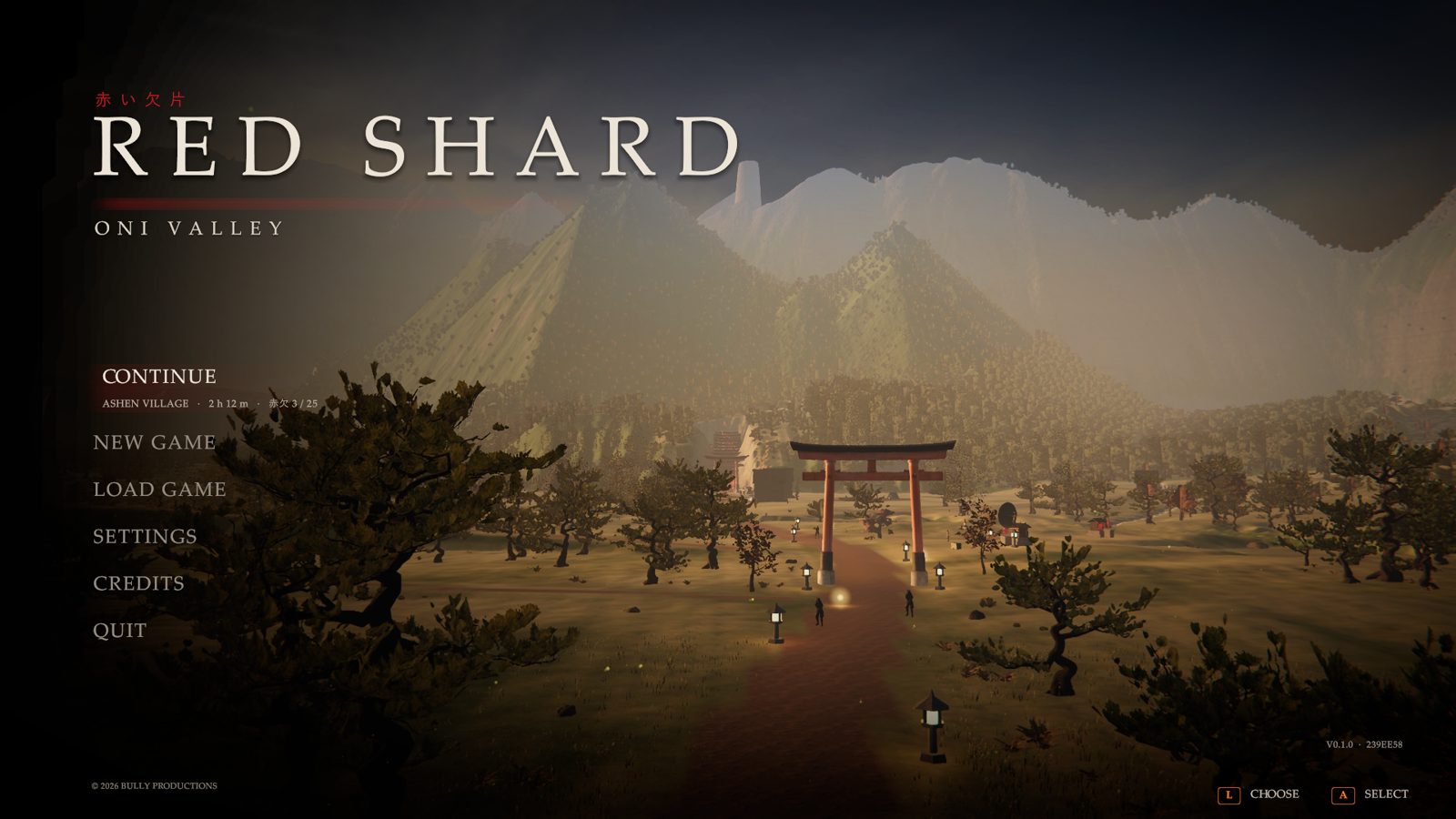 RED SHARD title screen with a Japanese valley at dusk