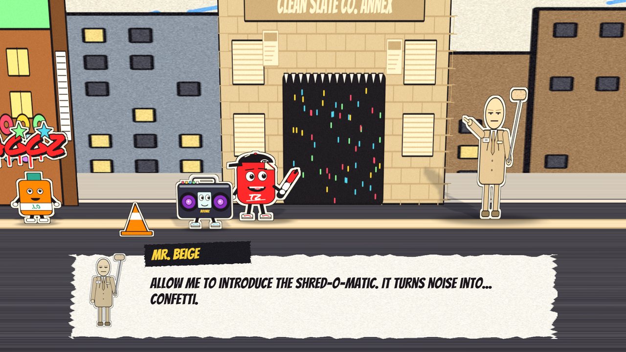 Mr. Beige introduces the Shred-O-Matic outside the annex