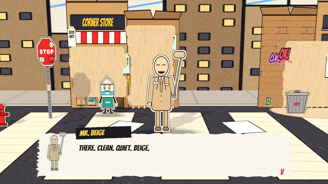 The storefronts painted beige by the rollers