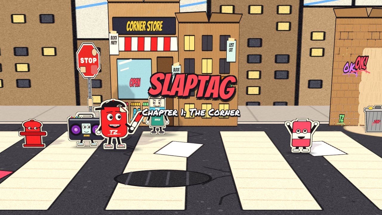 SLAPTAG Chapter 1 title card over the street