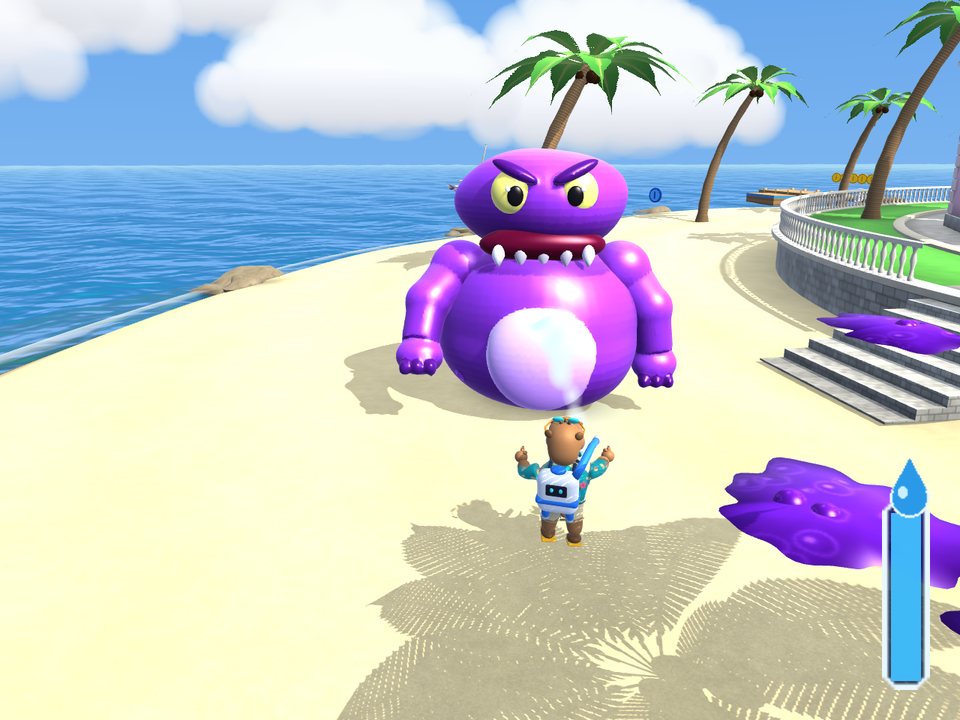 Coco spraying water into the giant purple goop boss's open mouth