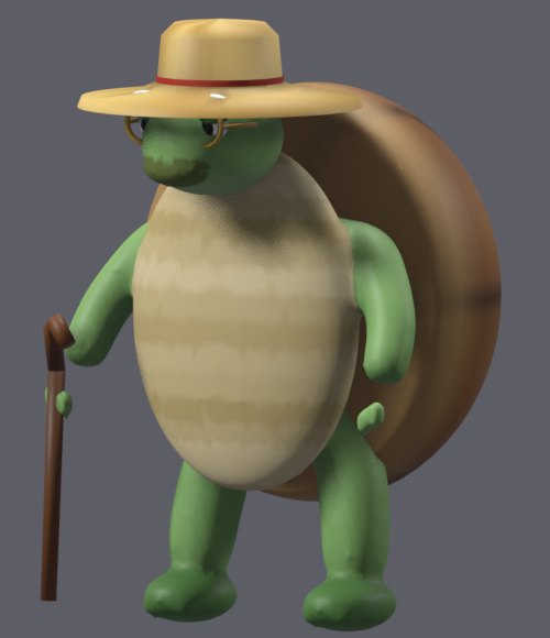 Abuelo, an old tortoise in a straw hat with spectacles and a cane