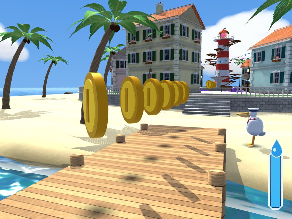 A line of spinning gold coins over a wooden pier
