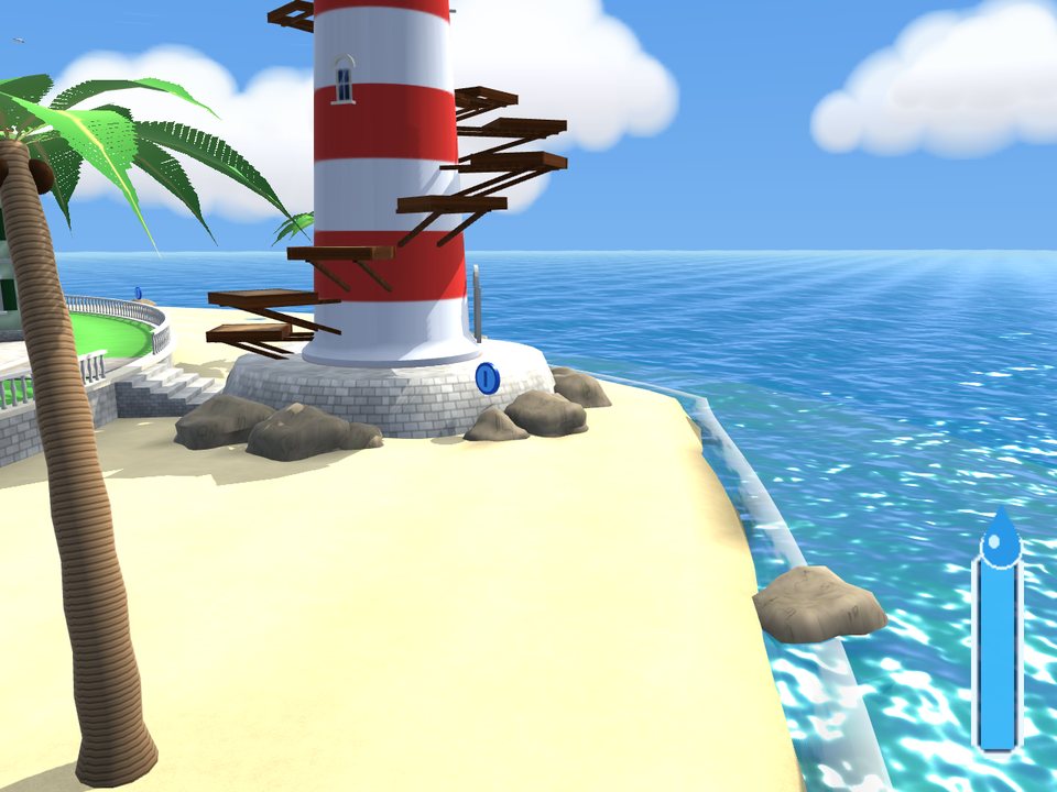 The striped lighthouse on a rocky point by the beach