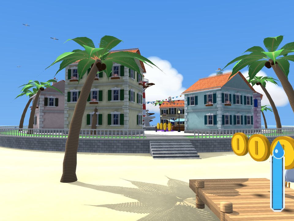 The town seen from the beach by the pier, palm trees in front