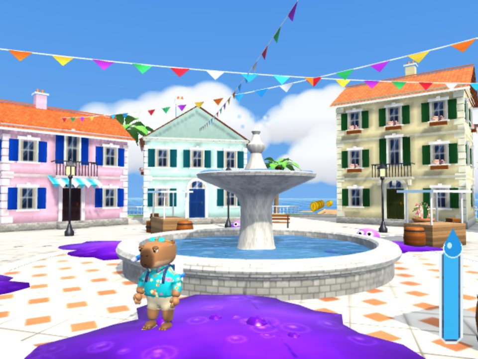 SOAKED: a sunny plaza covered in purple goop with googly-eyed blobs around a fountain