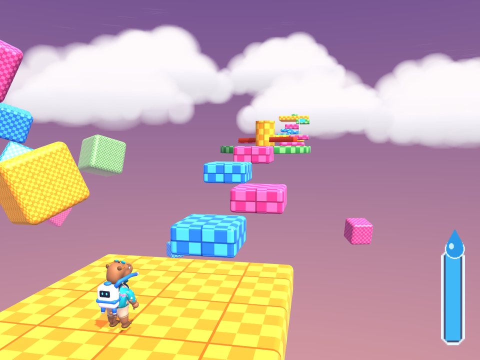 Rounded checker blocks floating in a pink dusk sky