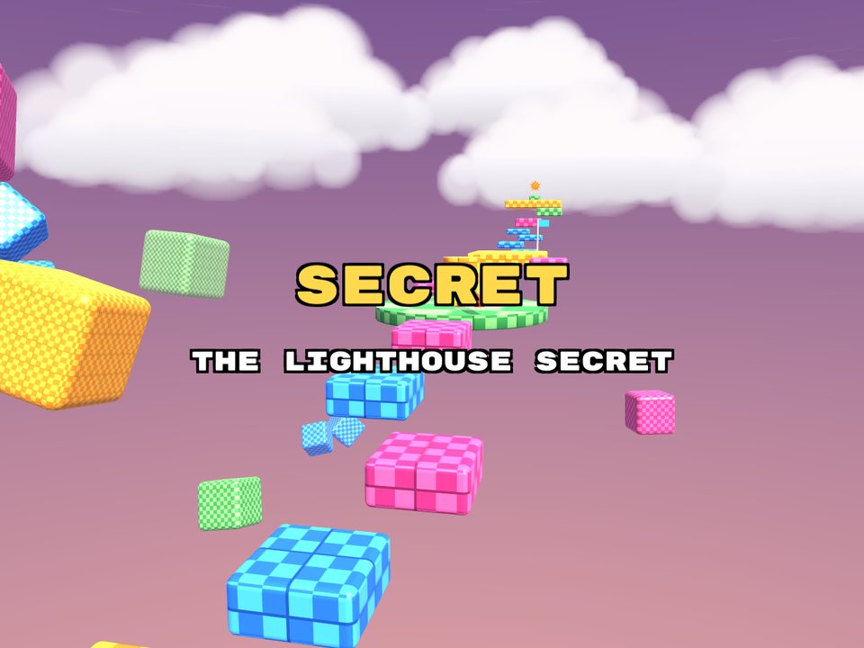 Checker blocks floating in a pink dusk sky with the SECRET title