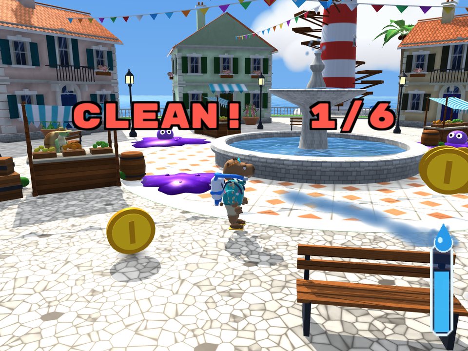 Coco spraying water at a goop puddle