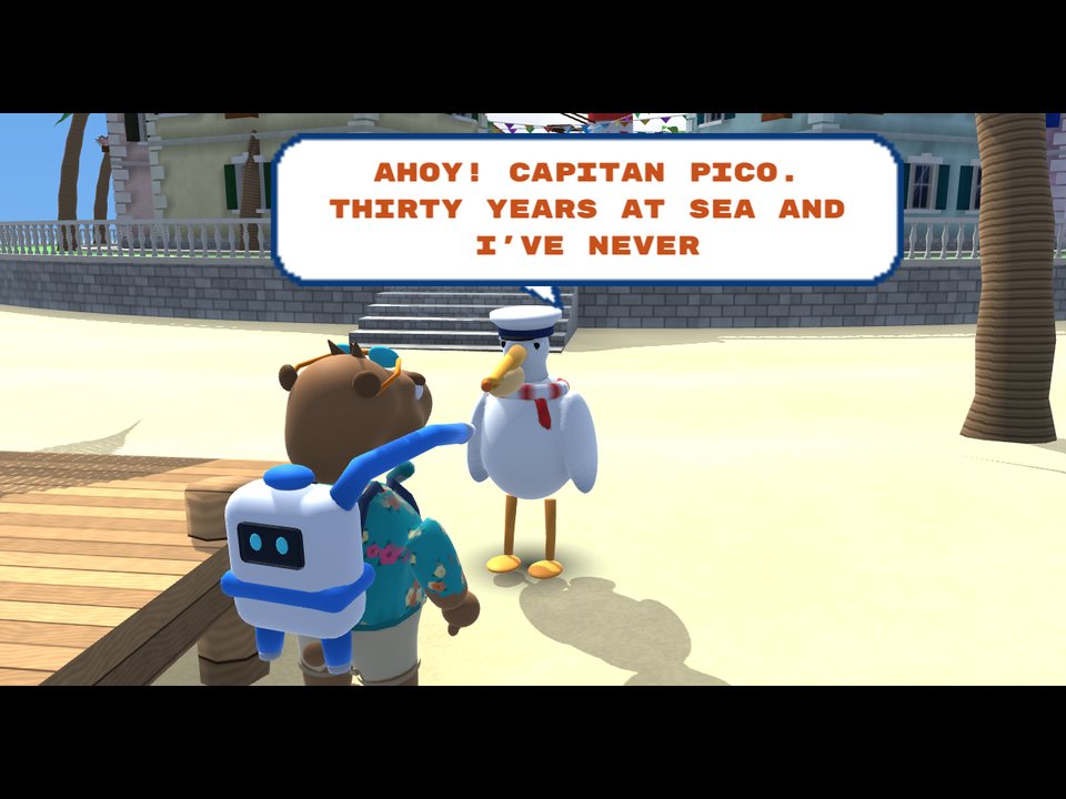 Coco talking to Capitan Pico by the pier