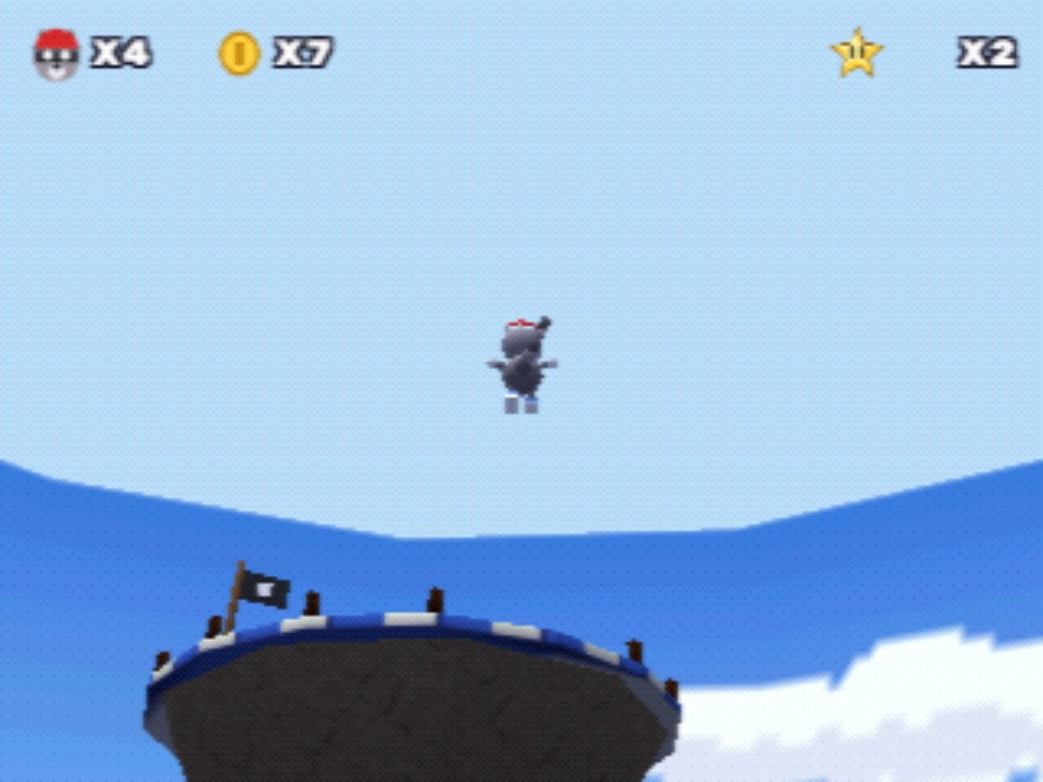 Rocco flying from the Sky Cannon toward the floating deck