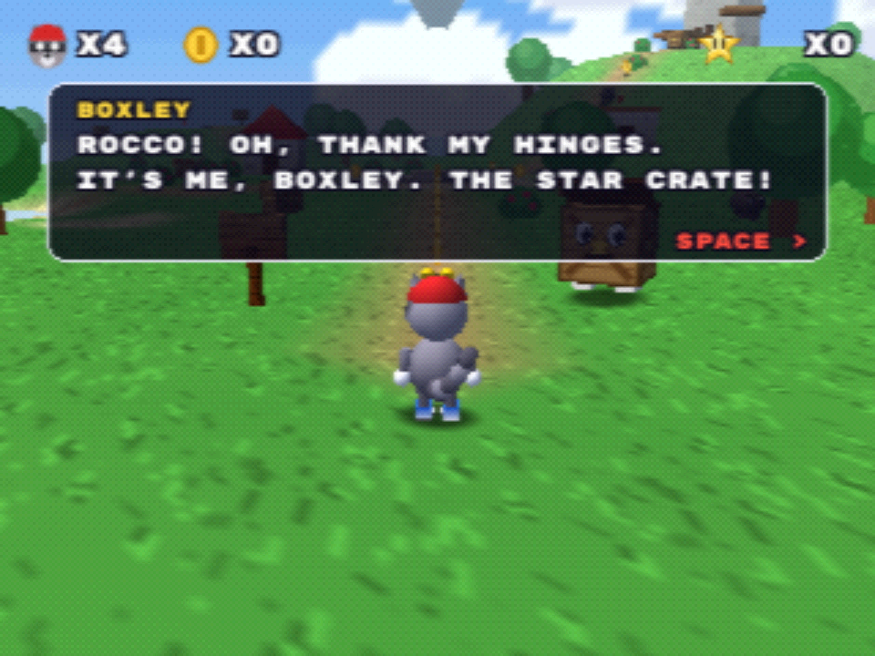 The scene with the N64 output: 16-bit dithering, soft blur, 3-point texture filtering