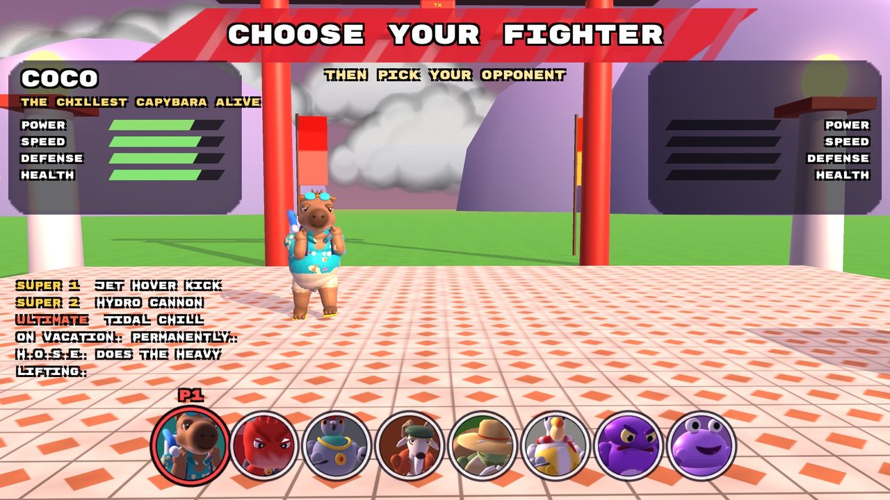 Character select on a tournament ring at sunset with live 3D fighters