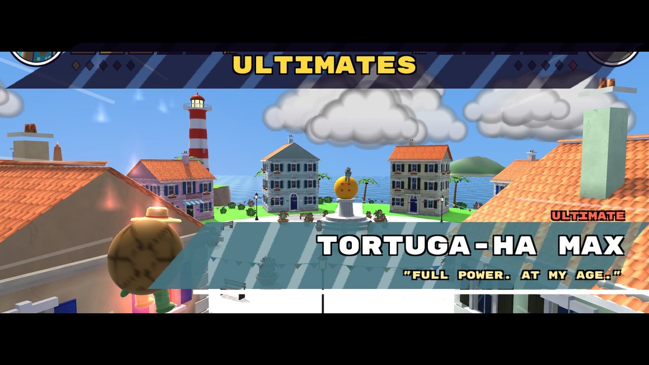 BUDOKAI TENKAICHILL: Abuelo's Tortuga-Ha Max ultimate name card over the island arena
